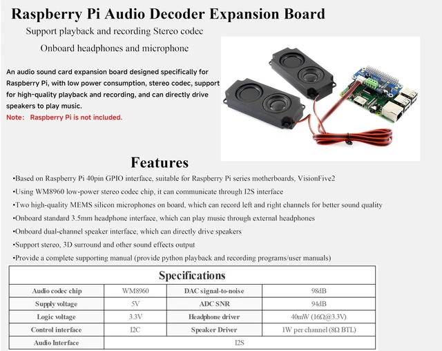 Alt view image 2 of 5 - WM8960 Hi-Fi Sound Card HAT with Speaker, Compatible with Raspberry Pi 5/4B/3B+/3B/Pi Zero W/Zero 2W/Pico W/Pico 2W, Stereo CODEC, Play/Record