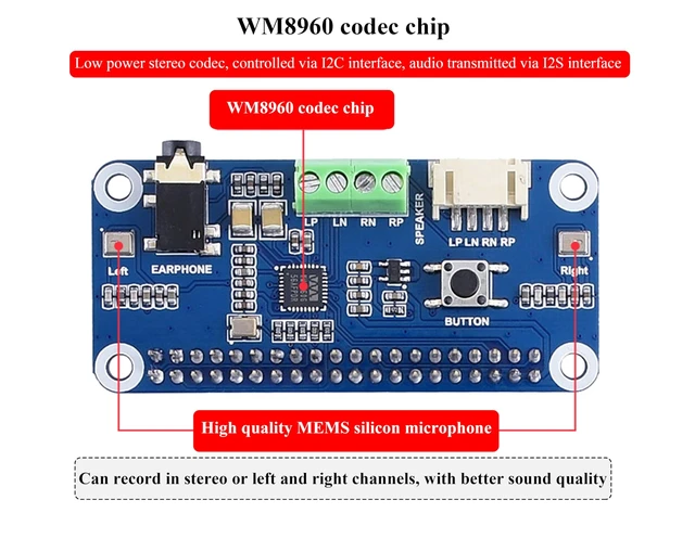 Alt view image 4 of 5 - WM8960 Hi-Fi Sound Card HAT with Speaker, Compatible with Raspberry Pi 5/4B/3B+/3B/Pi Zero W/Zero 2W/Pico W/Pico 2W, Stereo CODEC, Play/Record