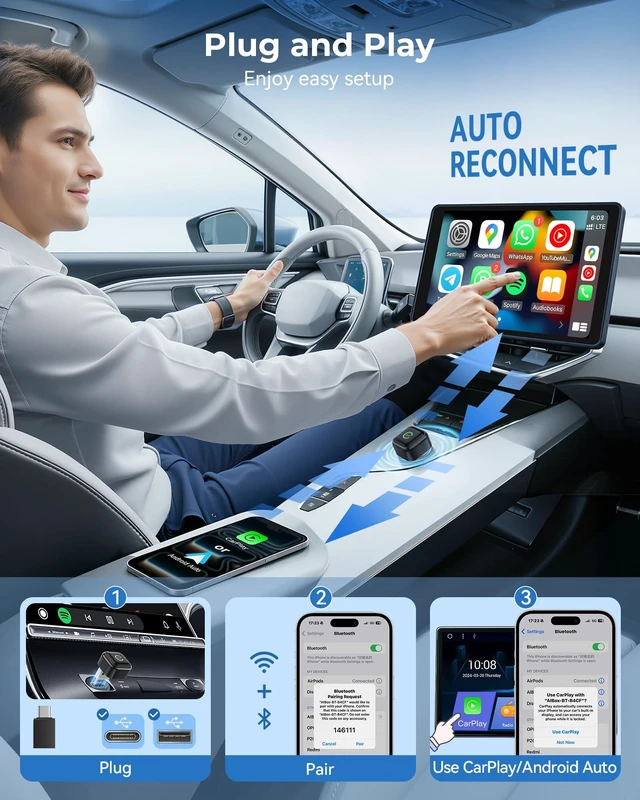 Alt view image 2 of 5 - Wireless CarPlay Adapter, Convert Wired to Wireless, 2-in-1 CarPlay & Android Auto, Mini Plug & Play, Fast Auto-Connect & No Latency, USB/USB-C for Cars with Built-in CarPlay & iOS 10+/A