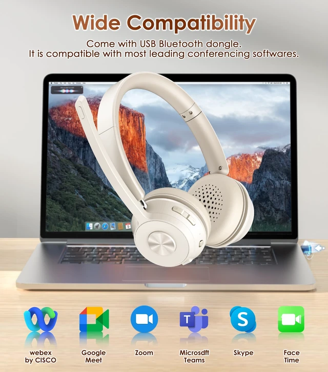 Alt view image 5 of 5 - Wireless Headset with Mic for Work, Bluetooth Headset with Noise Cancelling