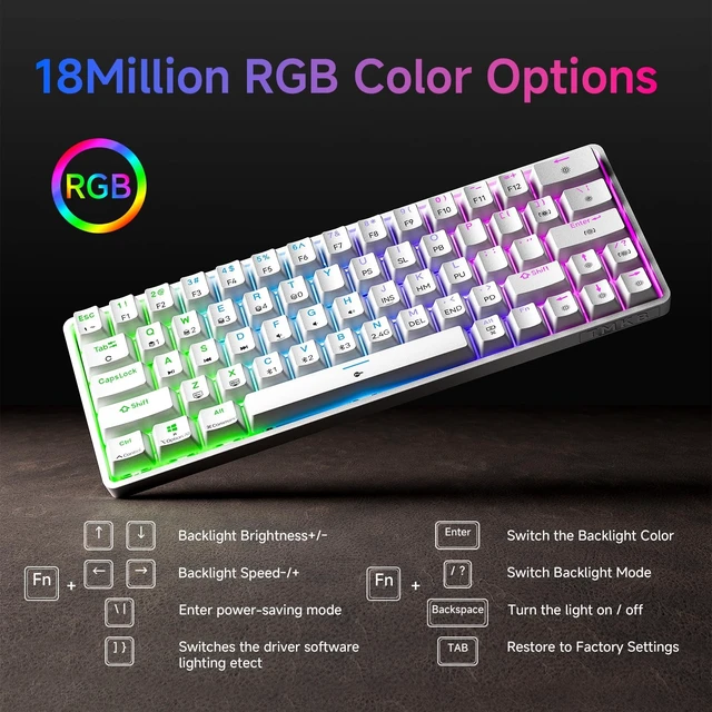 Alt view image 5 of 5 - TMKB T63 Gaming Keyboard, 60% Wireless Mechanical Keyboard with Bluetooth/2.4G/Type-C, Compact 63 Keys Anti-Ghosting, RGB Backlight, Clicky Blue Switch - White