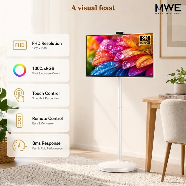 Alt view image 3 of 5 - 32 Inch Smart Portable TV on Wheels, Android 14 FHD Touch Screen Monitor with Battery, 8GB RAM 128GB Storage, 13MP Webcam, HDMI USB-C Rolling Smart Display for Home Office