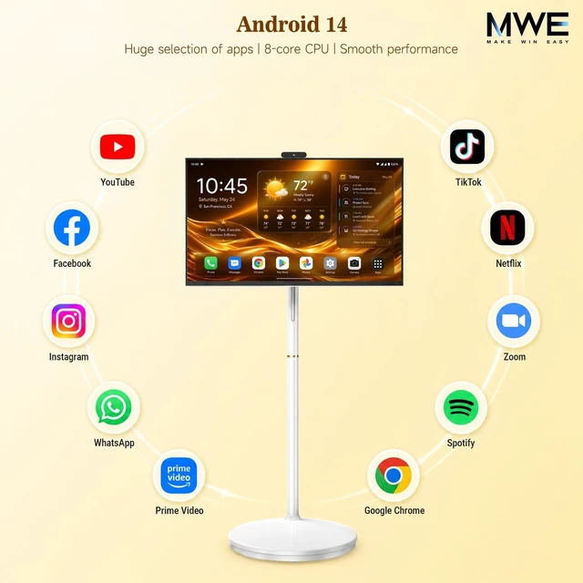 Alt view image 5 of 5 - 32 Inch Smart Portable TV on Wheels, Android 14 FHD Touch Screen Monitor with Battery, 8GB RAM 128GB Storage, 13MP Webcam, HDMI USB-C Rolling Smart Display for Home Office