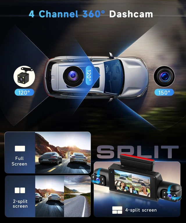 Alt view image 2 of 5 - Orderich 4 Channel 360Dash Cam Front and Rear Inside Left Right, 3 Inch Dash Camera for Cars, Built-in Night Vision, Sensitive Motion Detection 24/7 Recording Parking Mode Monitor Reversing Help