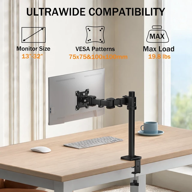 Alt view image 2 of 5 - THEARK Single Monitor Arm Desk Mount - Adjustable VESA Desk Arm Mount for 17-32 Inch Screens,Holds up to 19.8 lbs,Single Monitor Stand for Desk with C-Clamp and Grommet Base,VESA 75x75/100x100mm