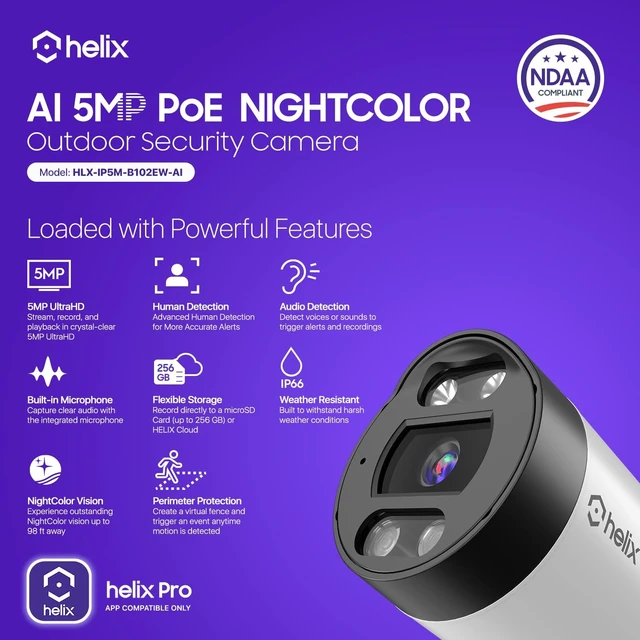 Alt view image 2 of 5 - Helix 2PK 5MP Outdoor IP Security PoE Camera, Human Detection, NDAA Compliant, IP Surveillance Bullet, 2-Way Audio, Support 256GB MicroSD, 98ft Night Color Vision, Deterrent, 2PK-HLX-IP5M-B102EW-AI
