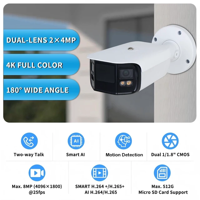 Alt view image 2 of 5 - GemaVision IP Camera Dual 1/1.8" CMOS 24MP Full-Color Duo Splicing PoE Bullet Camera, 180 Wide Angle Splicing Image,IPC-Color4K-B180