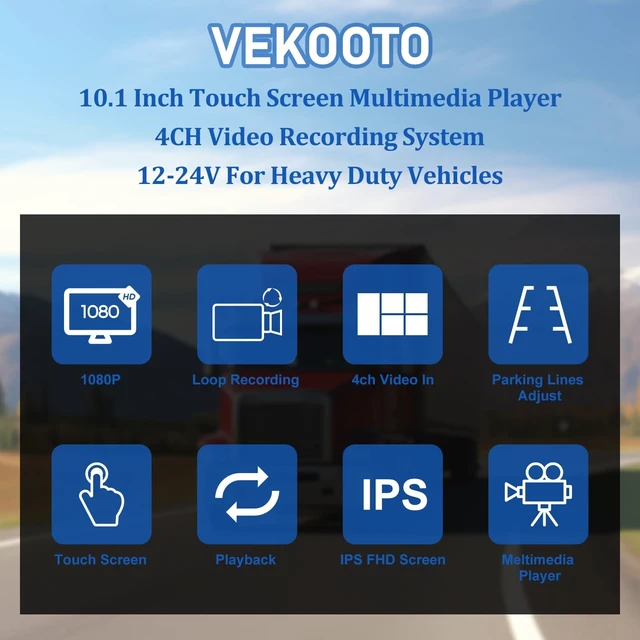 Alt view image 2 of 5 - VEKOOTO Truck Camera System, 4CH Backup Camera with 10.1'' Touch Screen, Waterproof 4 AHD Rear Side View Camera, for Truck/Semi-Trailer/Camper/RV/Bus