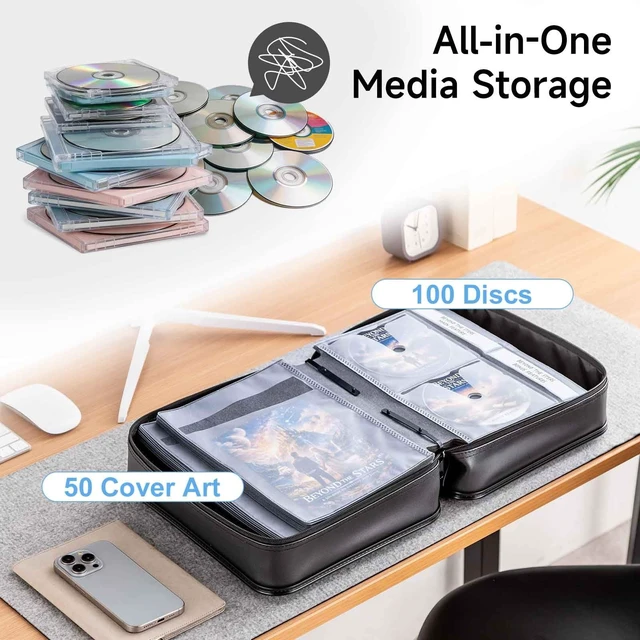 Alt view image 3 of 5 - SANWA CD DVD Case Holder - 100 Capacity & 50 Booklet Insert, Portable Blu-ray Binder with Handle & Zipper, EVA Protect Disc Wallet Media Storage for Car, Home, Office, Game Discs, Audio Music, Black
