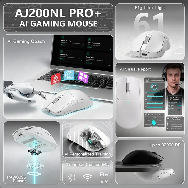 Alt view image 2 of 5 - AJAZZ AJ200NLPRO AI Gaming Mouse, Tri-Mode Bluetooth/2.4G/USB-C, PAW3395 Sensor, 32000 DPI, 8K Wired & 4K Wireless, AI Voice Assistant, AI Game Analysis, 61g Lightweight, White