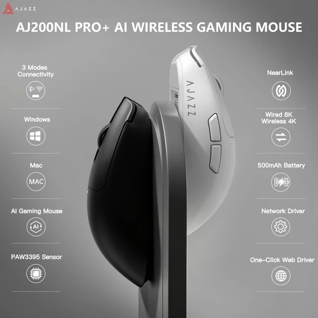 Alt view image 3 of 5 - AJAZZ AJ200NLPRO AI Gaming Mouse, Tri-Mode Bluetooth/2.4G/USB-C, PAW3395 Sensor, 32000 DPI, 8K Wired & 4K Wireless, AI Voice Assistant, AI Game Analysis, 61g Lightweight, White
