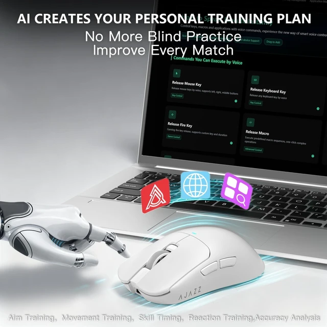 Alt view image 5 of 5 - AJAZZ AJ200NLPRO AI Gaming Mouse, Tri-Mode Bluetooth/2.4G/USB-C, PAW3395 Sensor, 32000 DPI, 8K Wired & 4K Wireless, AI Voice Assistant, AI Game Analysis, 61g Lightweight, White