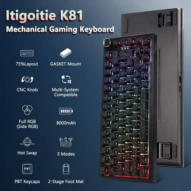 Alt view image 2 of 5 - Itigoitie 75% Wireless Gaming Mechanical Keyboard,TriMode 2.4G/USBC/BT5.3,8000mAh Hot Swappable Custom Keyboard,Linear Switch,Gasket Mounted,RGB Backlit,PBT Keycaps,CNC Knob for Mac/Win/Android