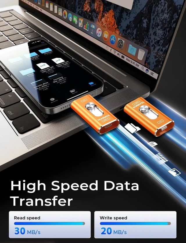 Alt view image 3 of 5 - TEARMOS 256GB Photo Stick for iPhone Flash Drive, Memory Stick Phone Storage for Photos and Videos Files Backup, Compatible with iPhone iPad Android PC, Plug & Play, No App Required (Cosmic Orange)