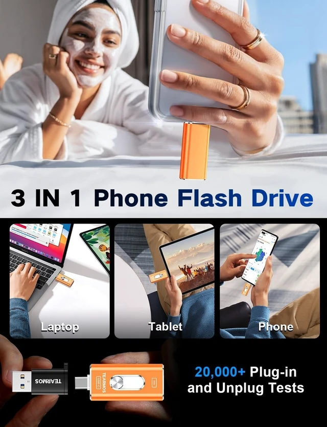 Alt view image 2 of 5 - TEARMOS 256GB Photo Stick for iPhone Flash Drive, Memory Stick Phone Storage for Photos and Videos Files Backup, Compatible with iPhone iPad Android PC, Plug & Play, No App Required (Cosmic Orange)