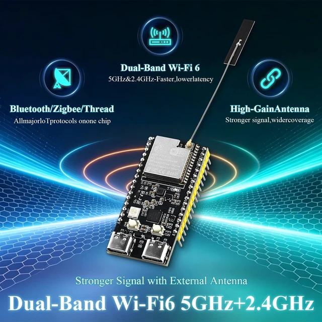 Alt view image 2 of 5 - 3PCS ESP32-C5 Development Board with External Antennas ^^ Dual-Band Wi-Fi 6 & Bluetooth 5 Thread & Zigbee, Single-Core Processor with 4MB Flash 32Pin Type-C & CP2102 Chip, ESP32-C5 Devkit for Ardu