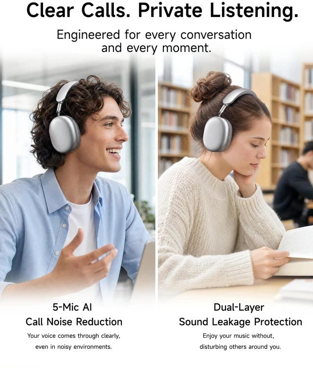 Alt view image 5 of 5 - Picun F8 MAX2 ANC Bluetooth 6.0 Headphones with 3D Spatial Audio (Sliver)