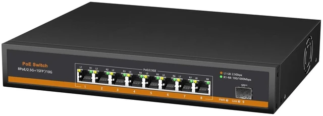 Main image of 9 Port 2.5G PoE Switch, 8 x PoE+ Ports (802.3af/at, 30W/Port & 120W Total), 1 x 10G SFP+, 60Gbps Capacity, Metal, 110-240V AC Input (DC52V PoE), Desktop/Wall Mount, for AP, IP Camera, NAS, PC