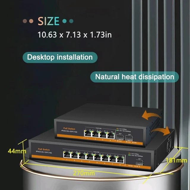 Alt view image 3 of 5 - 9 Port 2.5G PoE Switch, 8 x PoE+ Ports (802.3af/at, 30W/Port & 120W Total), 1 x 10G SFP+, 60Gbps Capacity, Metal, 110-240V AC Input (DC52V PoE), Desktop/Wall Mount, for AP, IP Camera, NAS, PC