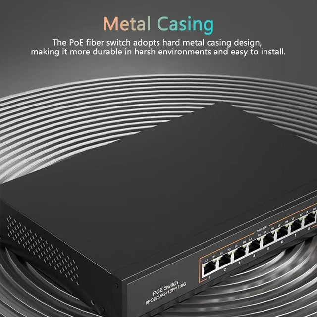 Alt view image 4 of 5 - 9 Port 2.5G PoE Switch, 8 x PoE+ Ports (802.3af/at, 30W/Port & 120W Total), 1 x 10G SFP+, 60Gbps Capacity, Metal, 110-240V AC Input (DC52V PoE), Desktop/Wall Mount, for AP, IP Camera, NAS, PC