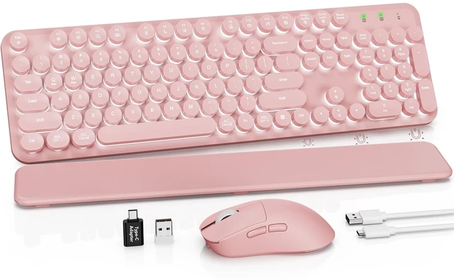 Main image of Rechargeable Backlit Wireless Keyboard and Mouse Combo, Retro Typewriter Keyboard with Magnetic Wrist Rest, Light Up Letters, 2.4GHz Cordless Connection for Mac, Windows PC, Laptop (Glowing Pin