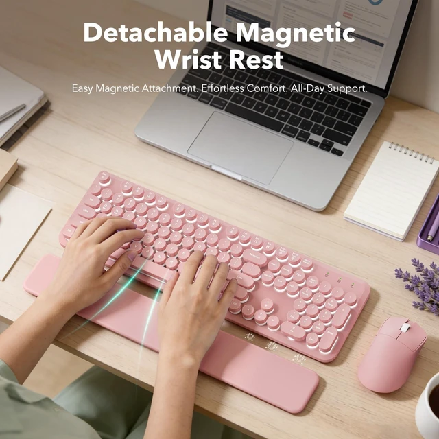 Alt view image 3 of 5 - Rechargeable Backlit Wireless Keyboard and Mouse Combo, Retro Typewriter Keyboard with Magnetic Wrist Rest, Light Up Letters, 2.4GHz Cordless Connection for Mac, Windows PC, Laptop (Glowing Pin