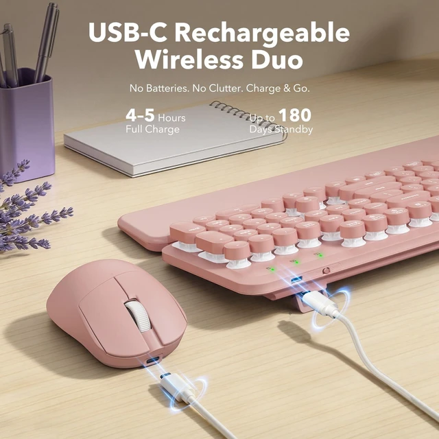 Alt view image 4 of 5 - Rechargeable Backlit Wireless Keyboard and Mouse Combo, Retro Typewriter Keyboard with Magnetic Wrist Rest, Light Up Letters, 2.4GHz Cordless Connection for Mac, Windows PC, Laptop (Glowing Pin