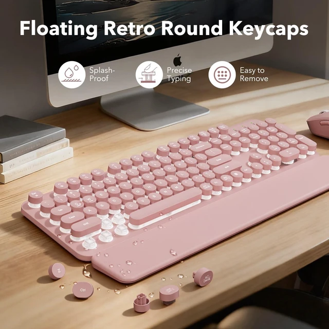 Alt view image 5 of 5 - Rechargeable Backlit Wireless Keyboard and Mouse Combo, Retro Typewriter Keyboard with Magnetic Wrist Rest, Light Up Letters, 2.4GHz Cordless Connection for Mac, Windows PC, Laptop (Glowing Pin
