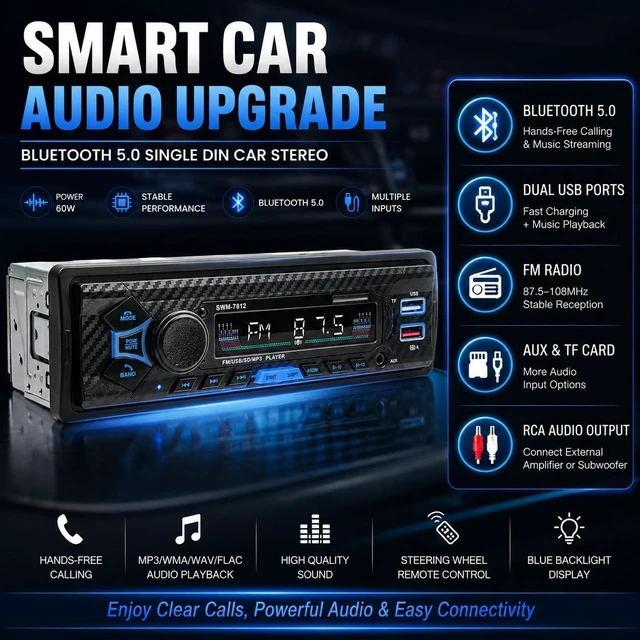 Alt view image 2 of 5 - Single Din Car Radio Stereo with Bluetooth