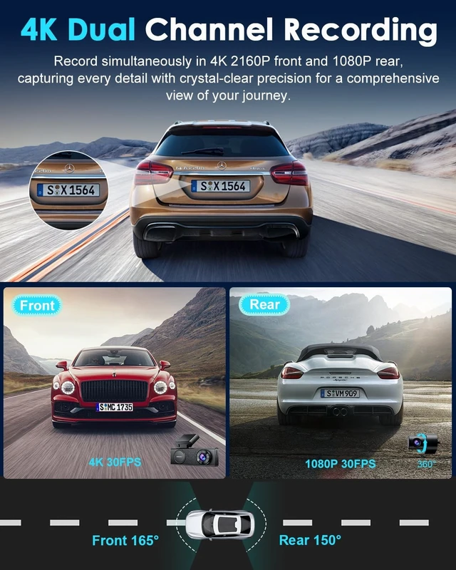 Alt view image 2 of 5 - ORSKEY 4K Dash Cam Front and Rear, STARVIS 2 Sensor, 64GB SD Card Included,4K 2160P/FHD Car Dash Cam,Dash Camera for Cars with 5GHz Wi-Fi GPS, 2.45" IPS, WDR Night Vision, 24H Parking Mode