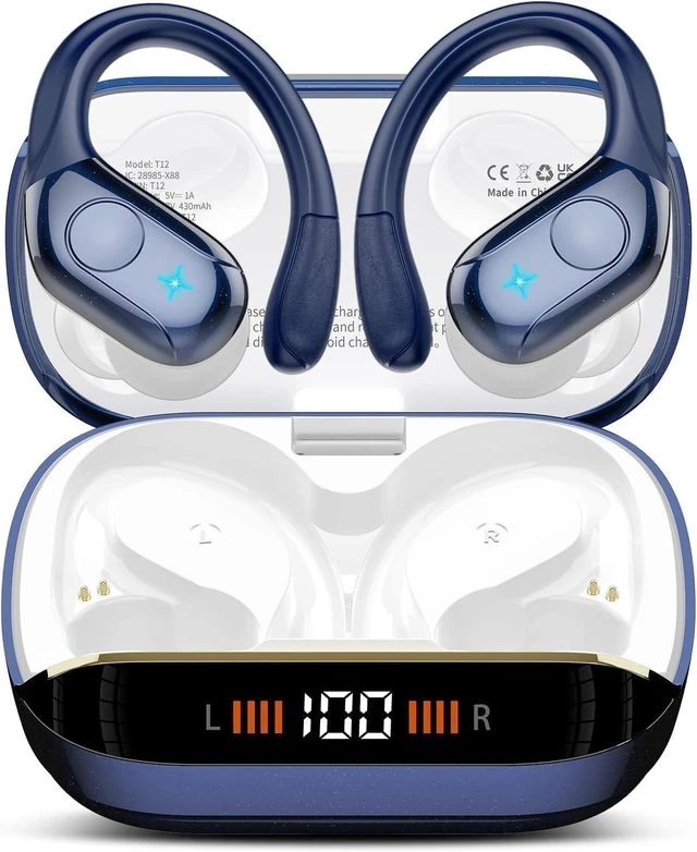 Main image of Qecnato Wireless Earbuds Bluetooth Headphones Stereo Deep Bass Sports Ear Buds with Earhooks, Bluetooth Earbuds, LED Display, IP7 Waterproof Earphone, Dark Blue