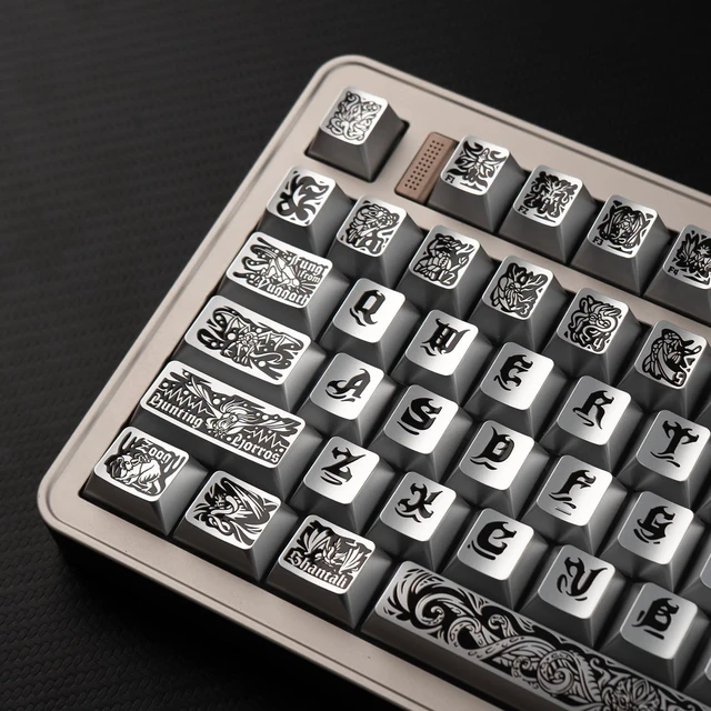 Main image of Metal Paint PBT Keycaps, 120 Keys Silver Retro Cherry Profile Keycaps Set
