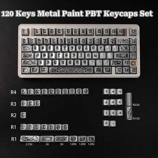 Alt view image 5 of 5 - Metal Paint PBT Keycaps, 120 Keys Silver Retro Cherry Profile Keycaps Set