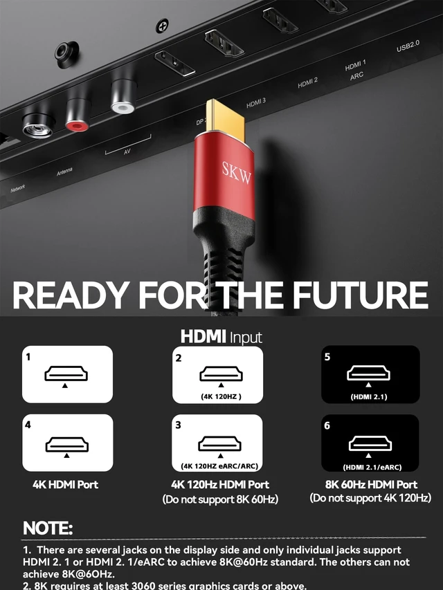 Alt view image 2 of 5 - SKW Long 8K HDMI 2.1 Cable 33FT, 48Gbps Ultra HD Lead High Speed Cord Connector, Supports 8K@60HZ, 4K@120Hz, eARC HDR10, HDCP 2.2/2.3 Dolby, VRR, Compatible with Fire TV/Roku TV/PS5/Xbox X/Switch