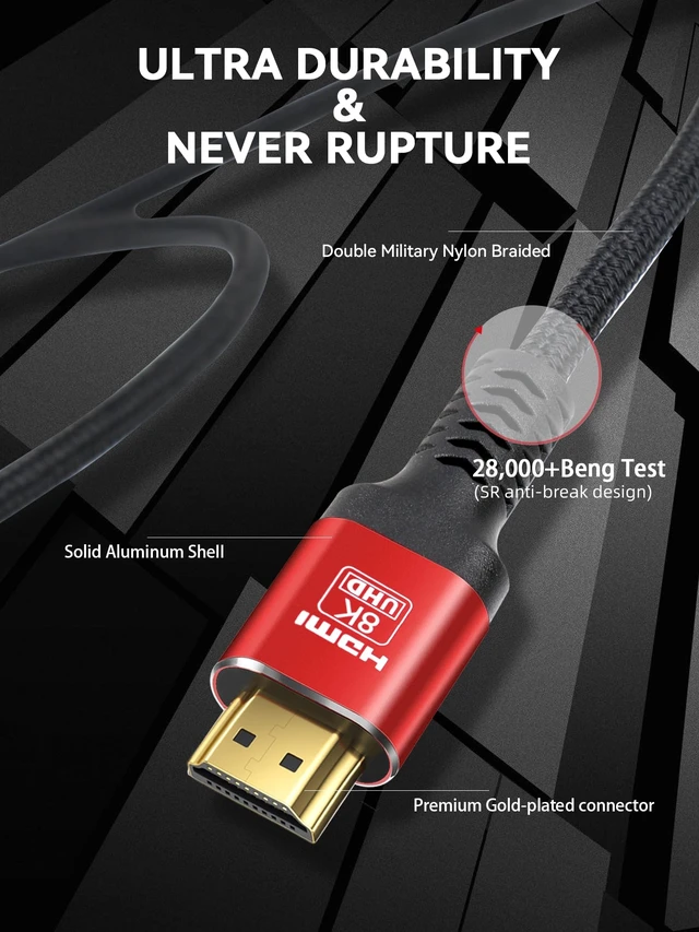 Alt view image 4 of 5 - SKW Long 8K HDMI 2.1 Cable 33FT, 48Gbps Ultra HD Lead High Speed Cord Connector, Supports 8K@60HZ, 4K@120Hz, eARC HDR10, HDCP 2.2/2.3 Dolby, VRR, Compatible with Fire TV/Roku TV/PS5/Xbox X/Switch