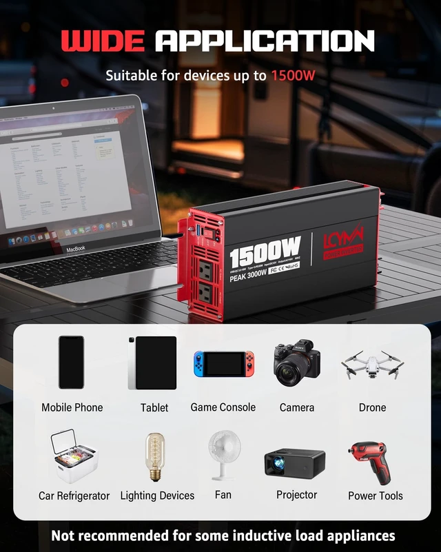 Alt view image 5 of 5 - 600W Power Inverter DC 12V to AC 110V Converter with 2 AC Outlets, Cigarette Lighter Port, 2 USB QC3.0 18W & 2 Type-C PD 30W Car Charger with Alligator Battery Clamp for Phone Camping Emergency Power
