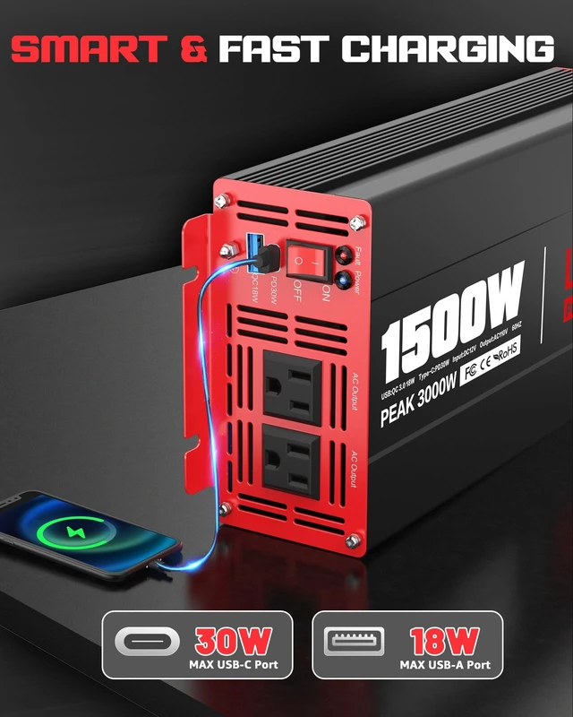Alt view image 2 of 5 - 600W Power Inverter DC 12V to AC 110V Converter with 2 AC Outlets, Cigarette Lighter Port, 2 USB QC3.0 18W & 2 Type-C PD 30W Car Charger with Alligator Battery Clamp for Phone Camping Emergency Power
