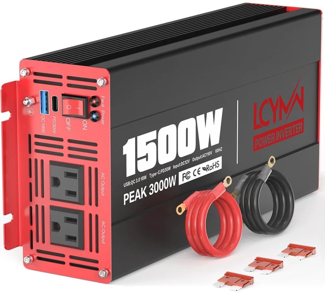 Main image of 600W Power Inverter DC 12V to AC 110V Converter with 2 AC Outlets, Cigarette Lighter Port, 2 USB QC3.0 18W & 2 Type-C PD 30W Car Charger with Alligator Battery Clamp for Phone Camping Emergency Power