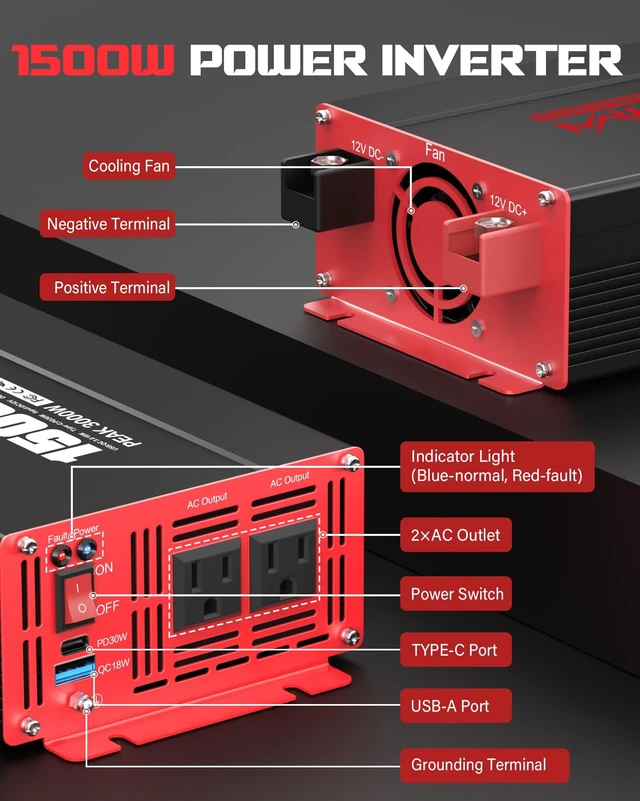 Alt view image 4 of 5 - 600W Power Inverter DC 12V to AC 110V Converter with 2 AC Outlets, Cigarette Lighter Port, 2 USB QC3.0 18W & 2 Type-C PD 30W Car Charger with Alligator Battery Clamp for Phone Camping Emergency Power