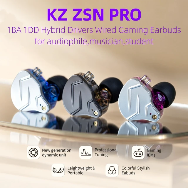 Alt view image 2 of 5 - KZ ZSN Pro in Ear Monitor Headphones, 1BA 1DD Hybrid Driver Wired Gaming Earbuds, Deep Bass Sound Wired Ear Buds, HiFi IEM for Gaming Music Video Calling Singer Musician Drummer DJ (with mic, Purple)