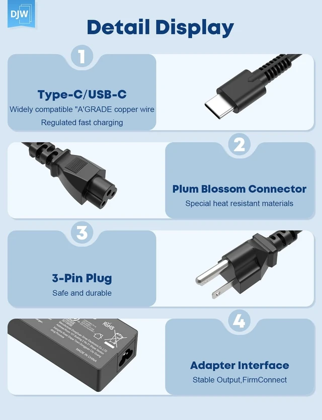Alt view image 5 of 5 - DJW 100W USB C Laptop Charger Compatible with Lenovo Thinkpad Yoga Chromebook,Mac Book 16,15,14, 13 Inch,iPad Pro,Asus,Dell,HP,Acer,Samsung,Google All USB Type C Devices AC Power