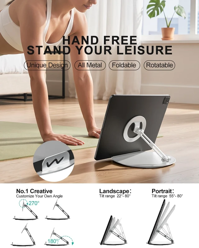 Alt view image 5 of 5 - WALI Echo Show 15/21 Stand, Adjustable Stand for Echo Show 15/21 and Up to 18" Tablets/Portable Monitors, 360 Degrees Rotating Tilt Foldable Show 15, 21 Accessories for Kitchen Home Office, Silver