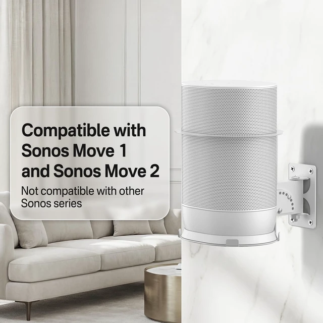 Alt view image 2 of 5 - Yibracki 2 Pack Adjustable Speaker Wall Mount for Sonos Move and Sonos Move 2, Wall Mounted Bracket, Adjustable Tilt and Swivel, Space Saving Speaker Holder, White