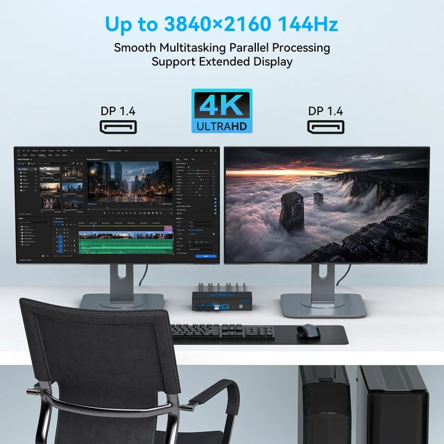 Alt view image 3 of 5 - 8K DisplayPort KVM Switch 2 Monitors 2 Computers, 4K@144Hz Dual Monitor KVM