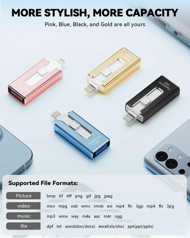 Alt view image 5 of 5 - MFi Certified Flash Drive for iPhone iPad 256GB, Photo Stick for External Memory Storage, Easily Back Up and Save Photos Videos, USB Memory Stick Thumb Drive for iPhone/iPad/Android/PC (Black)