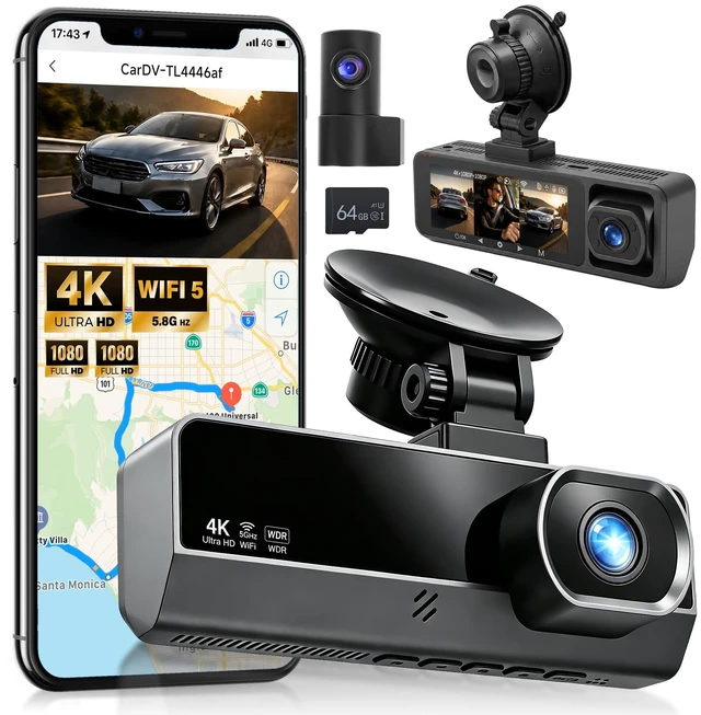 Main image of 4K Dash Cam Front Rear and Inside, 3 Channel with 5.8GHz WiFi, 64GB Card