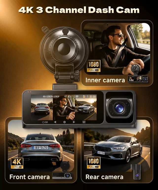 Alt view image 2 of 5 - 4K Dash Cam Front Rear and Inside, 3 Channel with 5.8GHz WiFi, 64GB Card