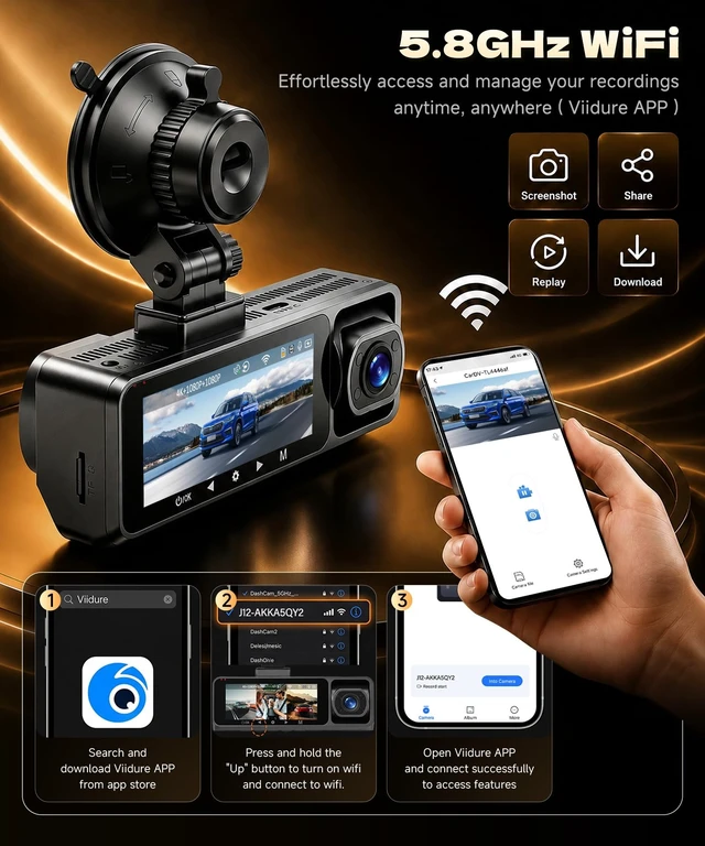 Alt view image 3 of 5 - 4K Dash Cam Front Rear and Inside, 3 Channel with 5.8GHz WiFi, 64GB Card
