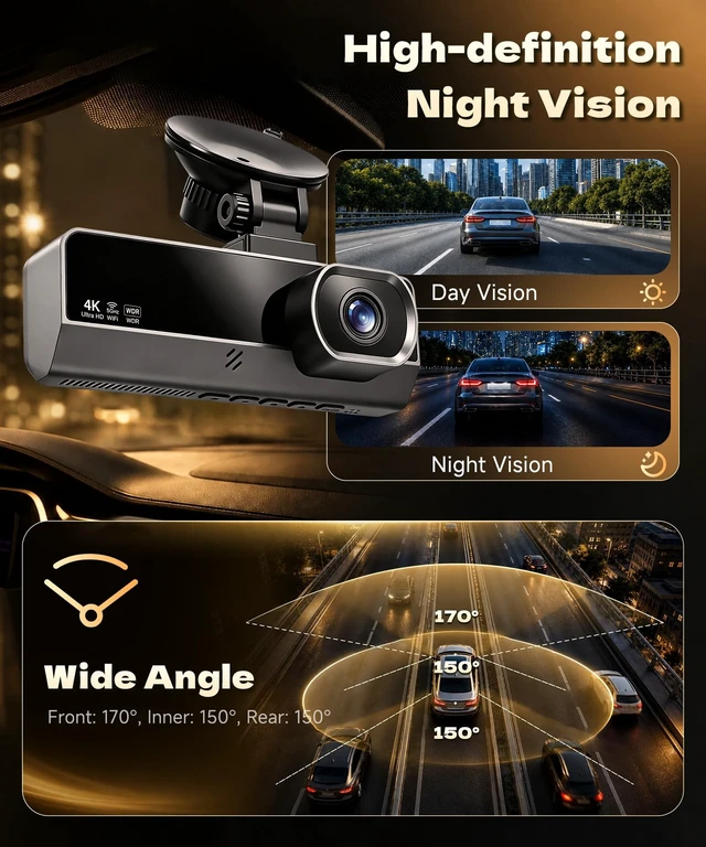 Alt view image 5 of 5 - 4K Dash Cam Front Rear and Inside, 3 Channel with 5.8GHz WiFi, 64GB Card