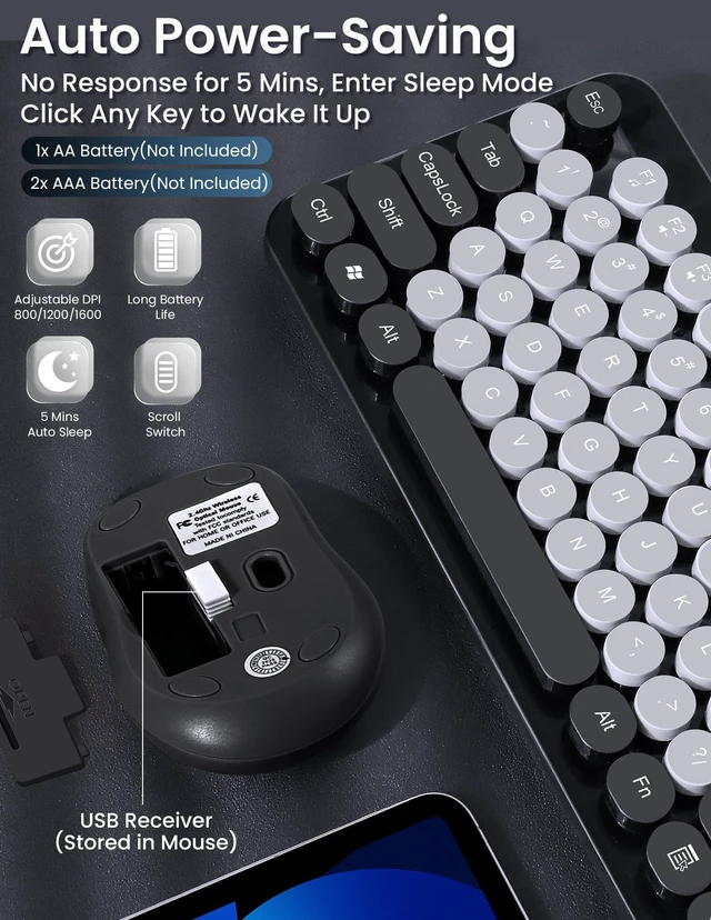 Alt view image 4 of 5 - LAMA Colorful Wireless Keyboard and Mouse Combo, Full-Sized Bluetooth Round Keyboard, Adjustable DPI Mouse, 2.4GHz USB Receiver, Silent Keyboard and Cute Mouse for PC, Windows, MAC, Desktop, La